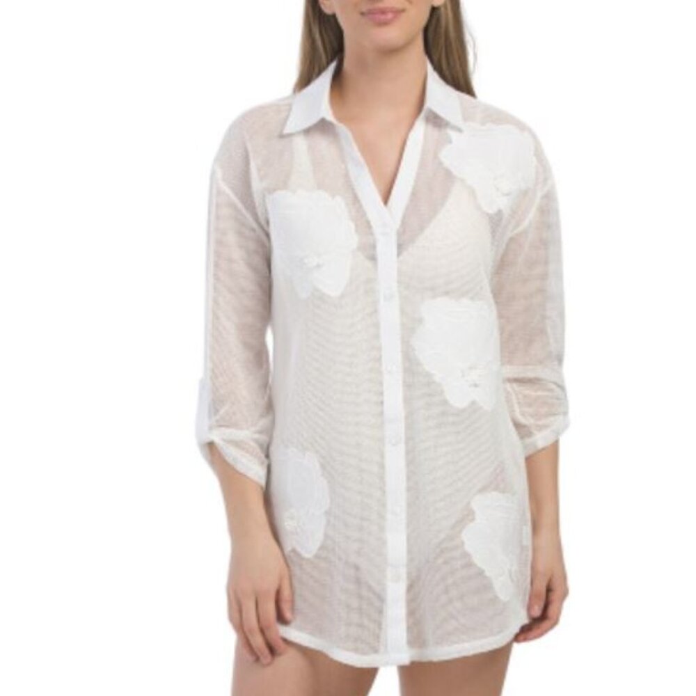 NWT BLUE ISLAND White Mesh Floral Embroidered Mesh Cover-up Shirt Size XS